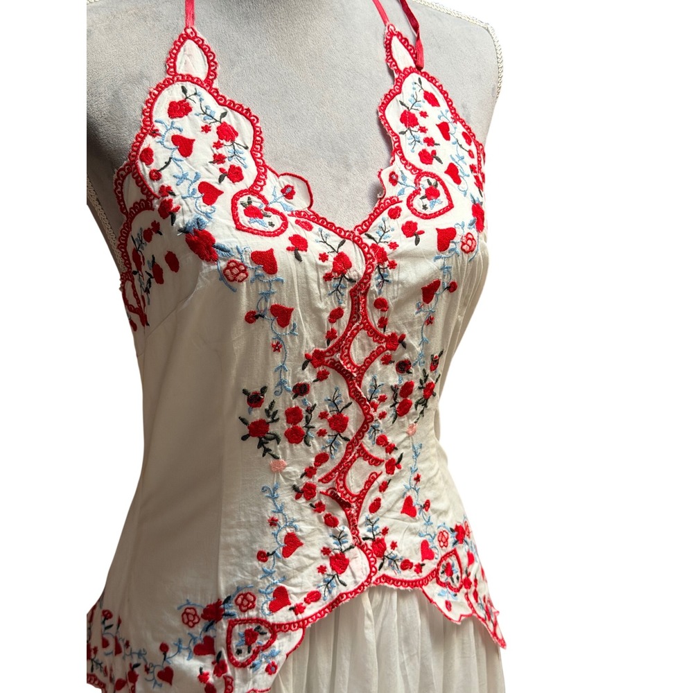 Free People Valenciana Midi Dress White Red Embroidered M Cotton Floral Lace Up